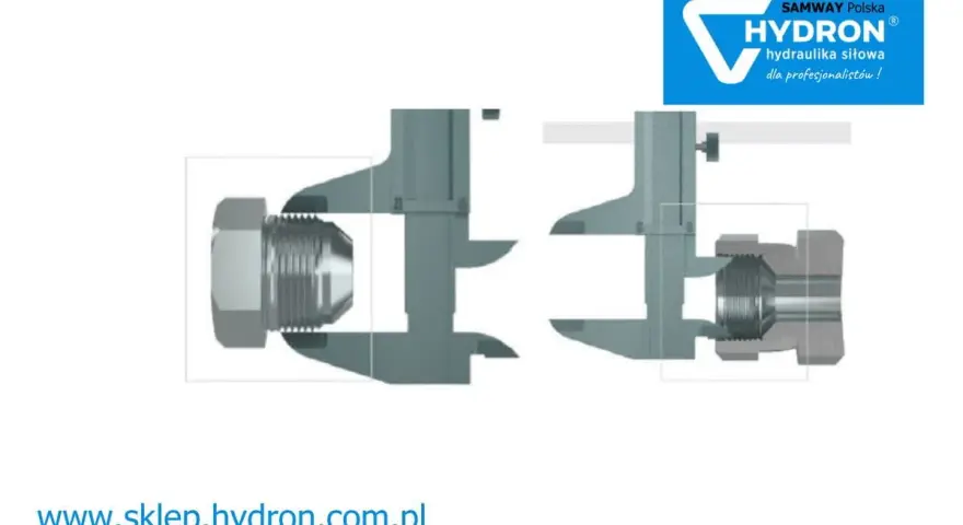 Suwmiarka mierzy gwinty złączki hydraulicznej. Wymiary m6 są kluczowe dla precyzyjnego dopasowania.