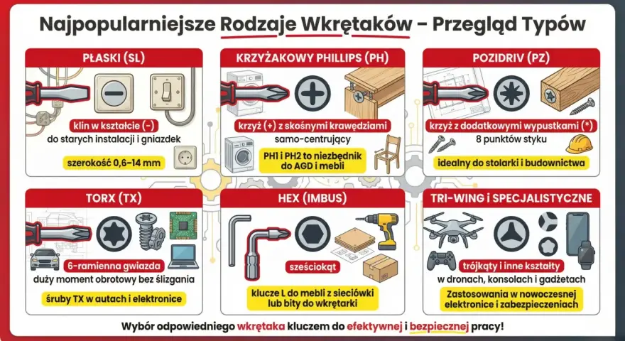 Przegląd rodzajów śrubokrętów: płaski, krzyżakowy (PH, PZ), Torx, imbus, Tri-Wing. Wybierz właściwy do pracy.