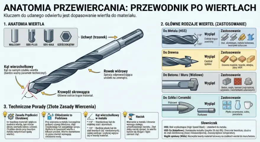 Anatomia wiertarki stołowej: budowa, rodzaje wierteł do metalu, drewna, betonu, szkła i ceramiki, oraz porady.
