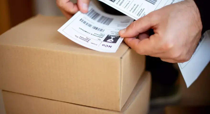 Ręce przygotowują etykiety z kodami kreskowymi do wysyłki. Automatyczna identyfikacja danych ułatwia proces.