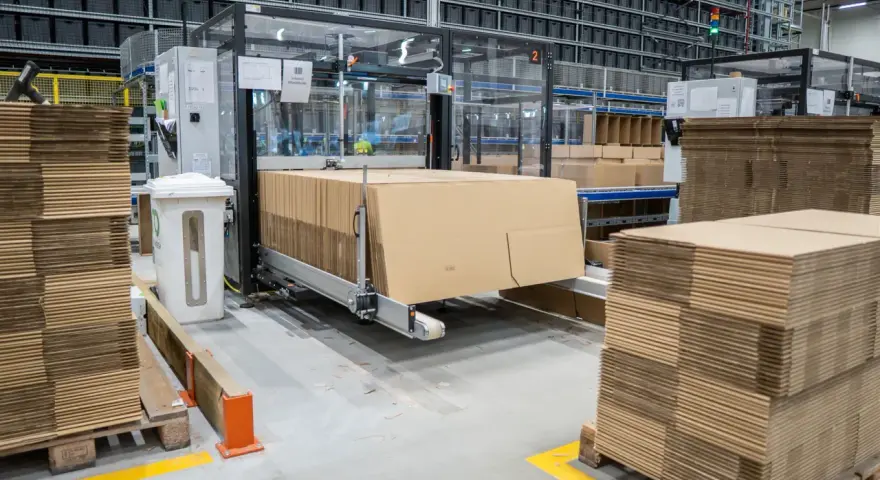 Automatyczna linia pakująca w centrum logistycznym. Stosy kartonów czekają na wypełnienie.