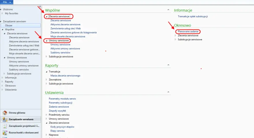 W Microsoft Dynamics AX 2012, w sekcji "Okresowo" widoczne są "Planowane zadania" dotyczące zleceń i subskrypcji serwisowych.