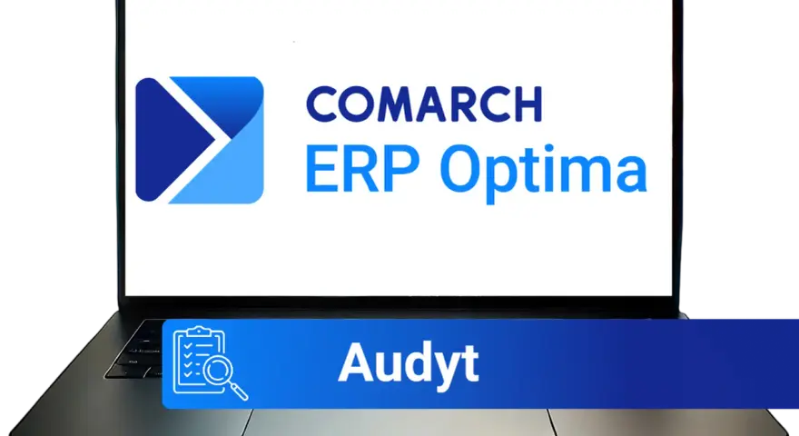 Laptop z logo Comarch ERP Optima i napisem "Audyt". To kluczowy element analizy przedwdrożeniowej.