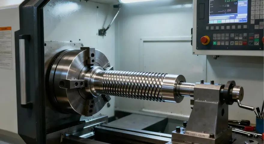 Precyzyjne radełkowanie na tokarce CNC, tworzące spiralny wzór na metalowym wałku.