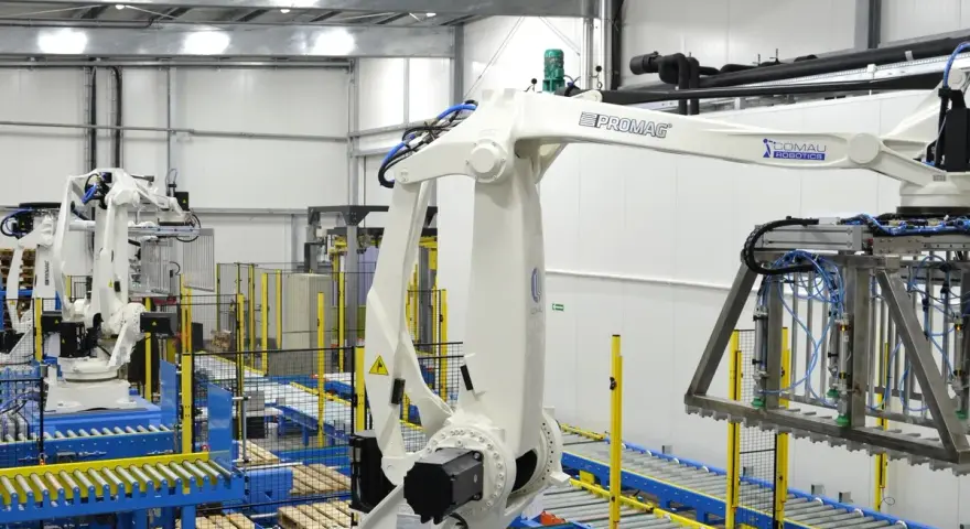Nowoczesny magazyn automatyczny z robotami przemysłowymi. Taśmociągi i palety z produktami.