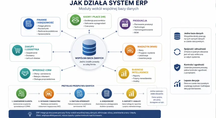 Schemat działania systemu ERP, ukazujący moduły (finanse, kadry, produkcja, zakupy, magazyn, sprzedaż, BI) połączone ze wspólną bazą danych. To kluczowy element sprawnego systemu zaopatrzenia.