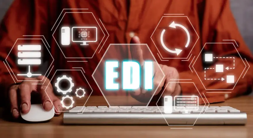 Elektroniczna wymiana danych (EDI) w praktyce: ikony symbolizujące serwery, procesy, dane i technologię.