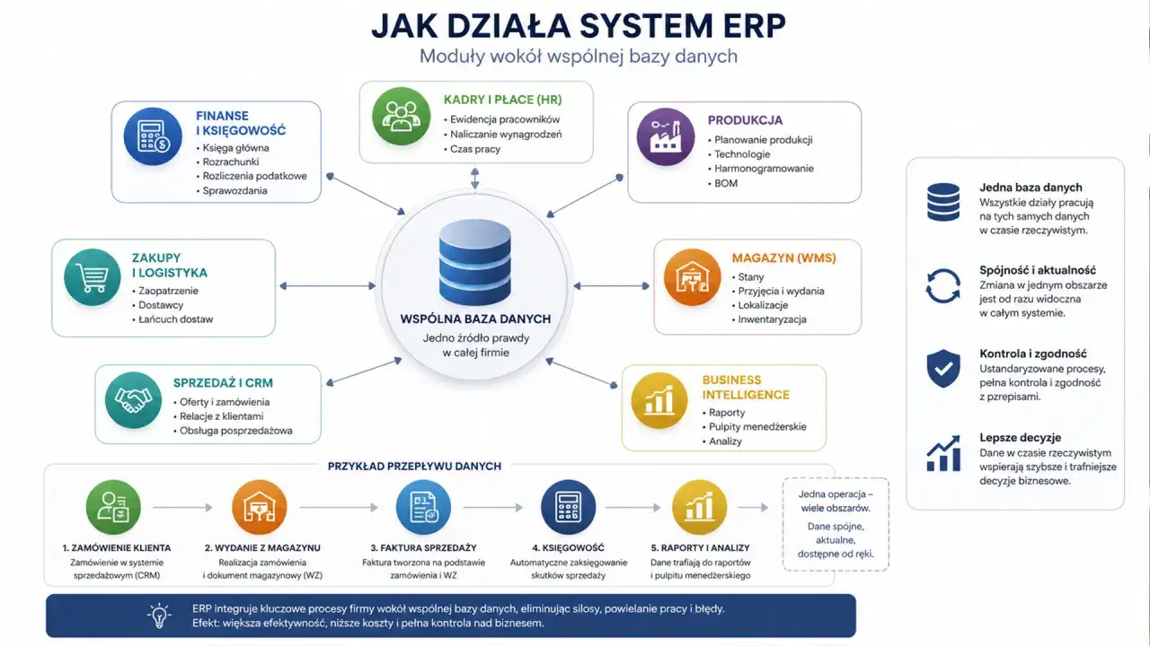Schemat działania systemu ERP z modułami: finanse, kadry, produkcja, zakupy, magazyn, sprzedaż, BI. Centralna baza danych integruje wszystkie procesy.