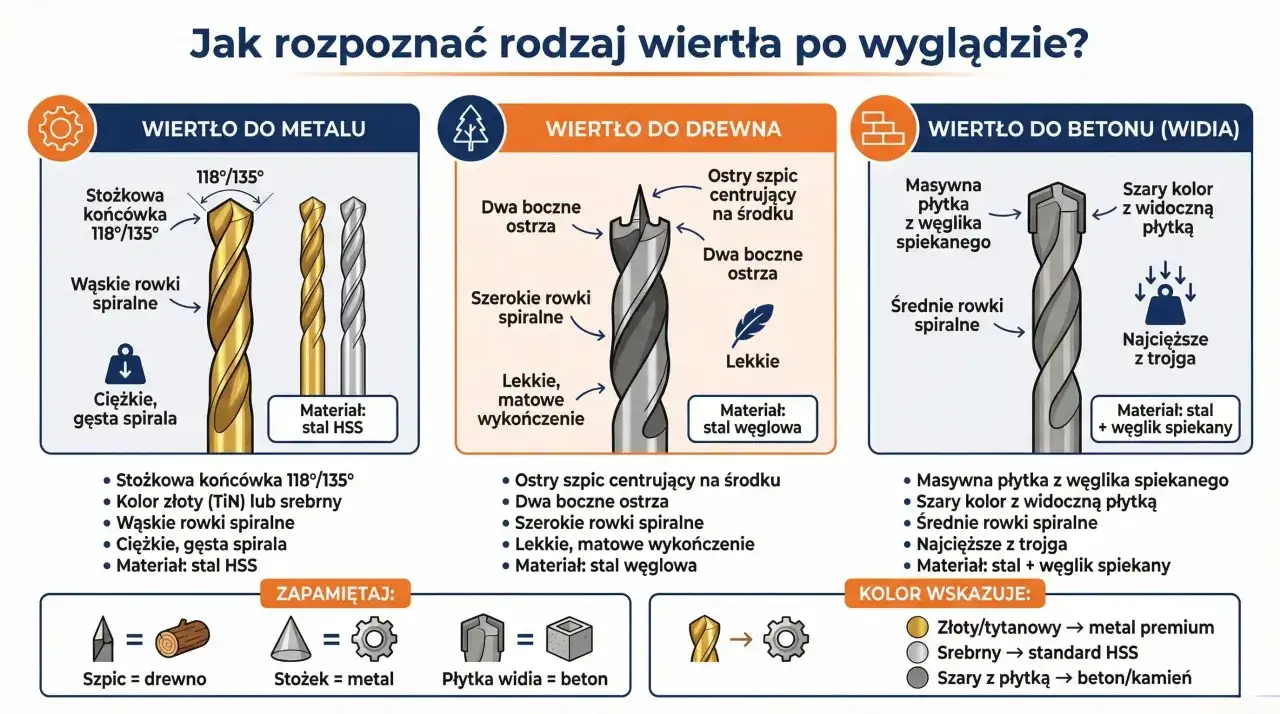 Rozpoznaj rodzaje mocowań wierteł: do metalu (stożek, wąskie rowki), drewna (szpic, szerokie rowki) i betonu (płytka widia, średnie rowki).