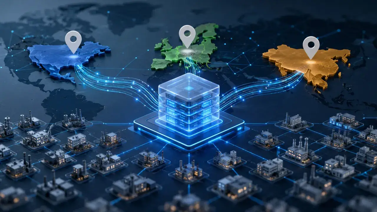 Globalne fabryki połączone z centralnym serwerem. Sieć danych obejmuje Amerykę Północną, Europę i Azję, symbolizując infrastrukturę on-premise.
