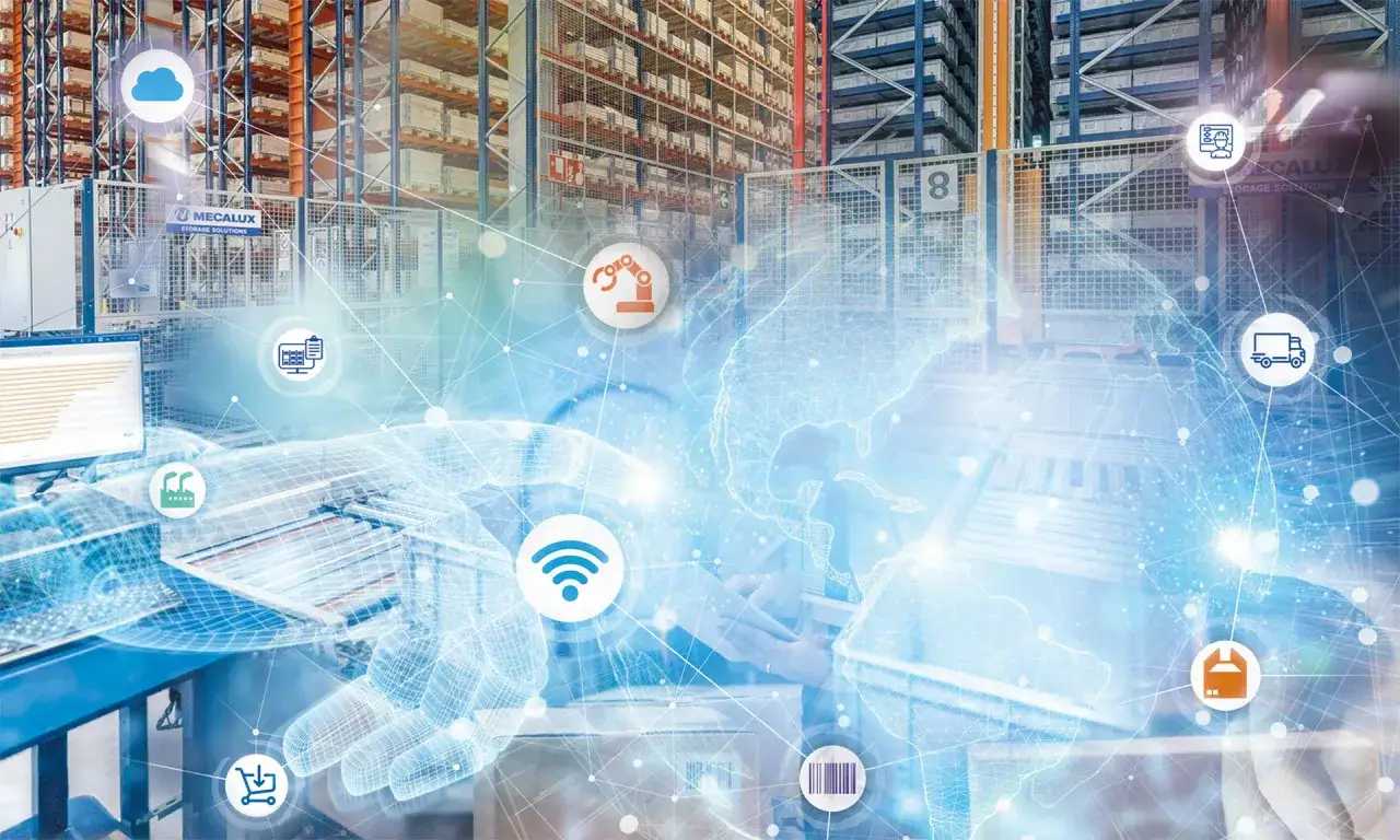 Nowoczesny magazyn z systemami automatyzacji logistyki, siecią połączeń i ikonami symbolizującymi technologię.