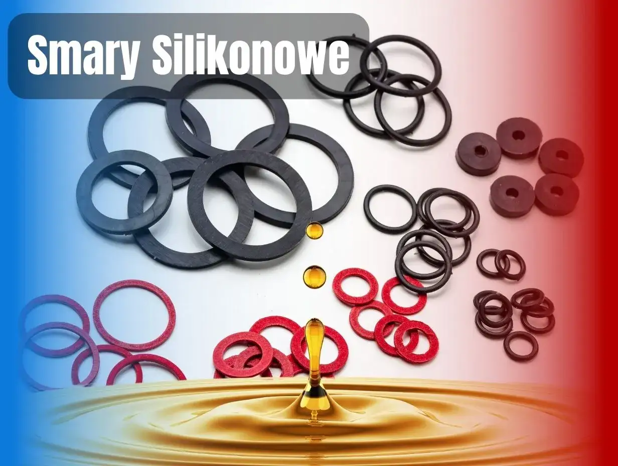Różnorodne uszczelki i pierścienie, pokazujące smar silikonowy zastosowanie w praktyce. Złoty płyn symbolizuje jego wszechstronność.