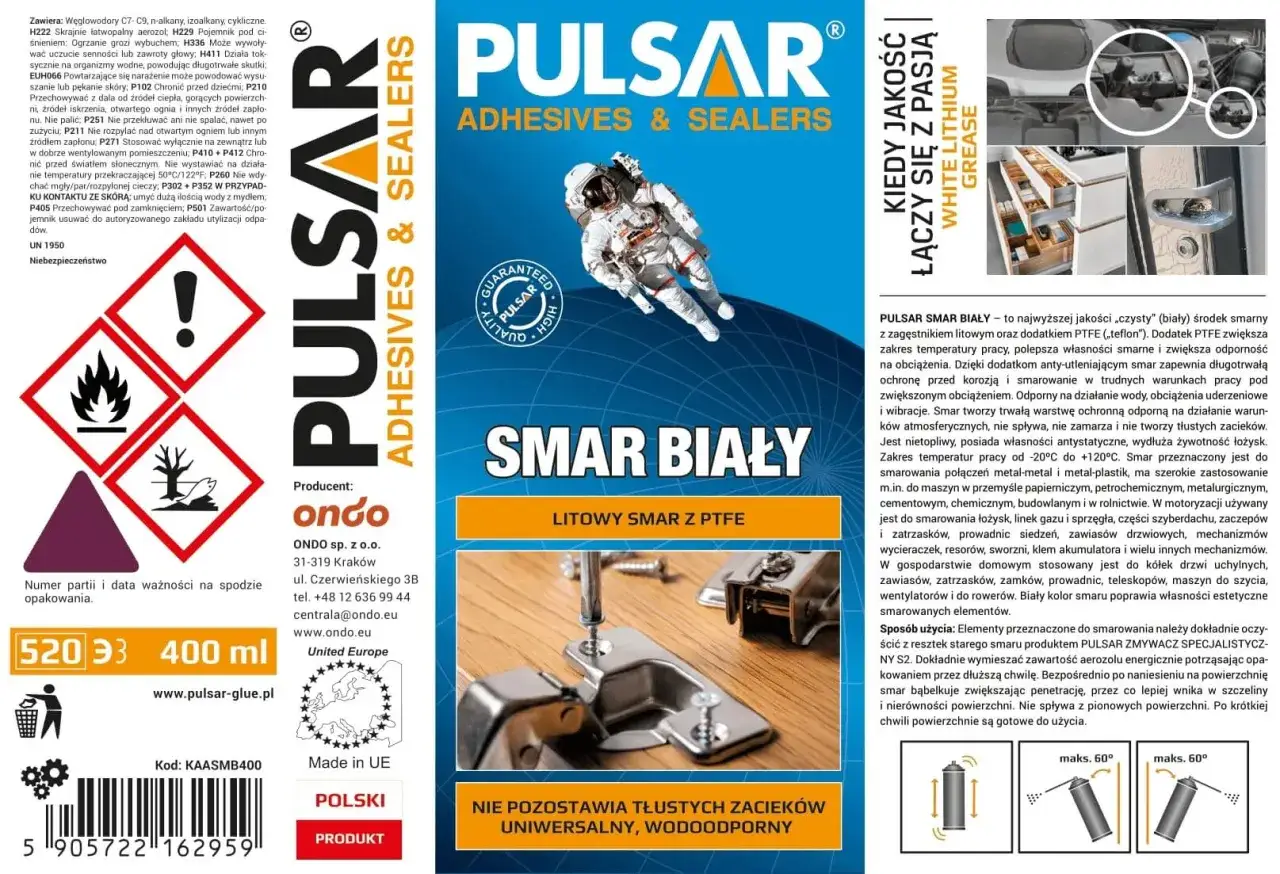 Biały smar litowy z PTFE do smarowania elementów metalowych i plastikowych, odporny na wodę i wysokie temperatury. Idealny do zastosowań w motoryzacji i gospodarstwie domowym.