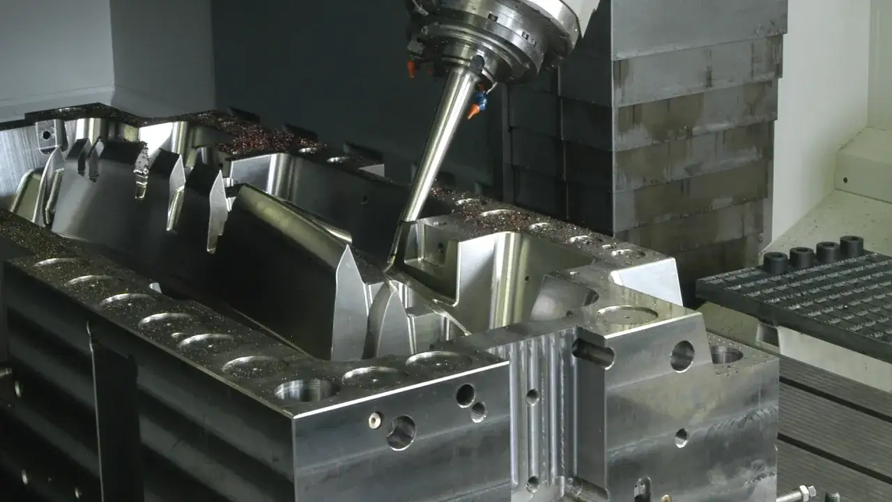 Obr&oacute;bka precyzyjna metalu przez frezarkę CNC, sterowaną za pomocą zaawansowanego programu CAM. Wi&oacute;ry metalu pokrywają obrabiany element.