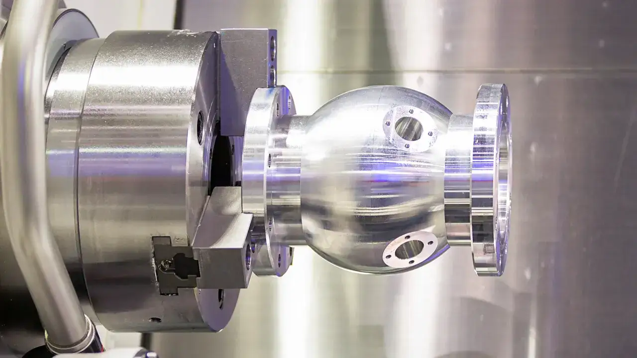 Precyzyjne toczenie aluminium: kulista część zaworu z kołnierzami jest obrabiana na maszynie CNC.