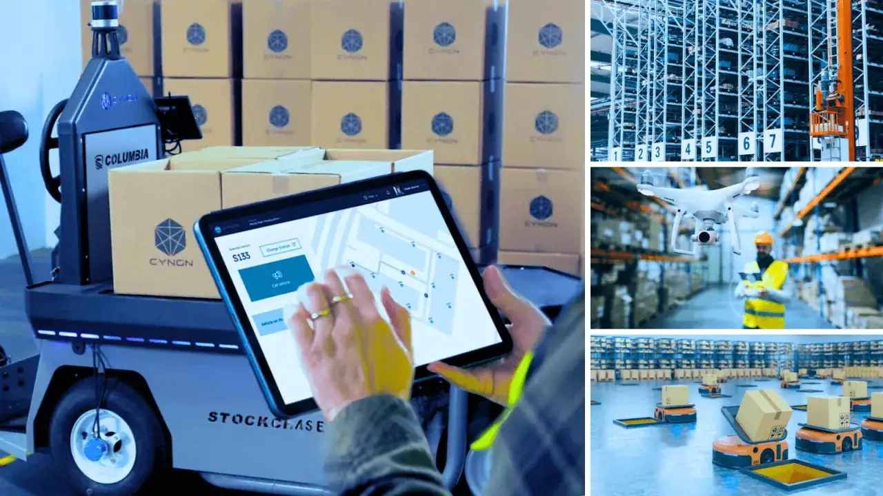 Autonomiczny wózek i tablet sterujący to przykłady logistyki 4.0. Dron i roboty magazynowe dopełniają obraz nowoczesnego centrum dystrybucji.