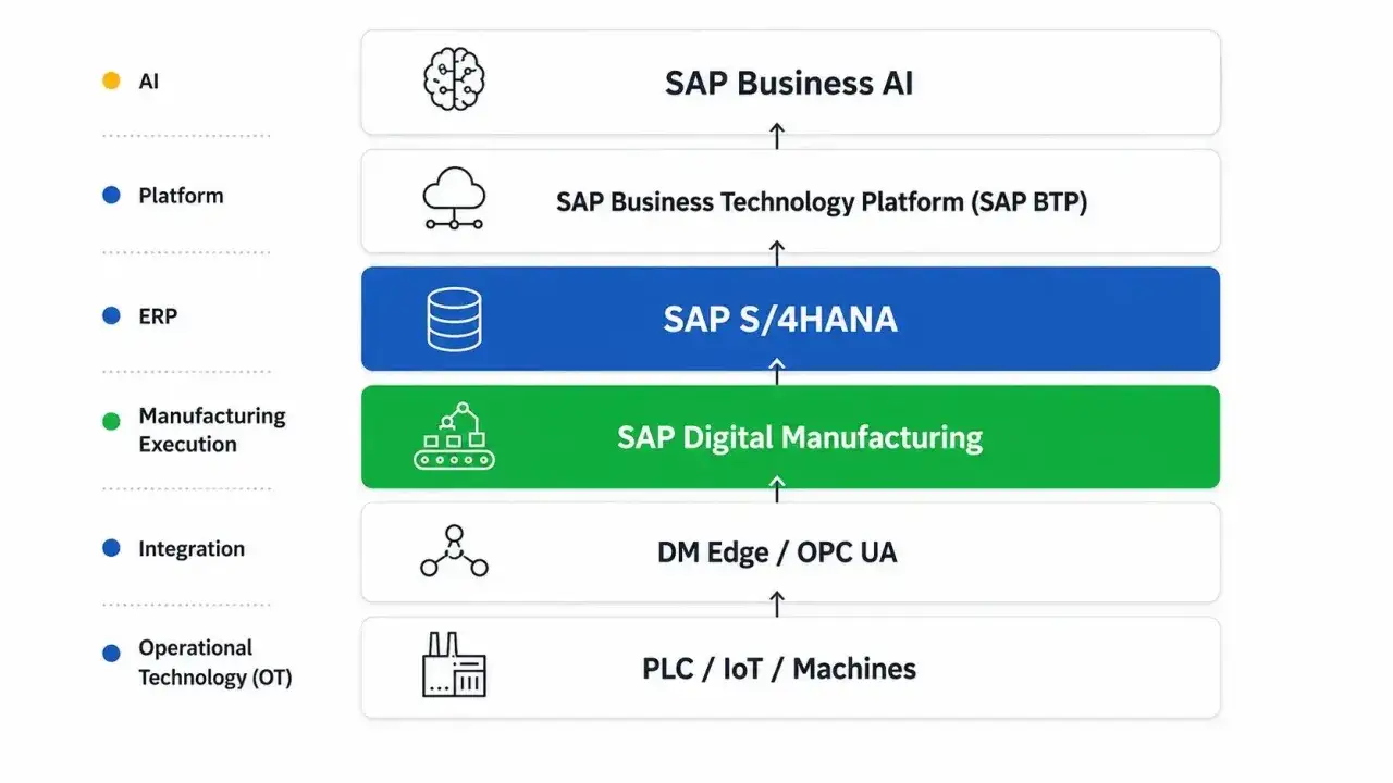 Schemat pokazuje, co to jest SAP: od PLC/IoT, przez SAP Digital Manufacturing i SAP S/4HANA, aż po SAP Business Technology Platform i SAP Business AI.