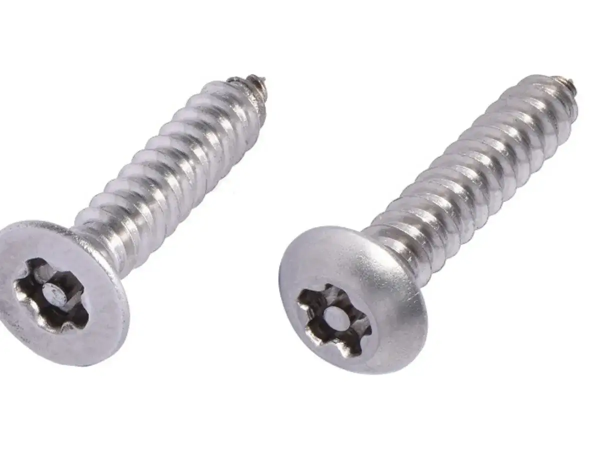 Dwa wkręty torx z dziurką, znane jako torx security.