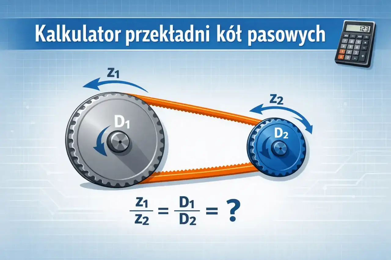 Ilustracja przedstawia przekładnię pasową z kołami o średnicach D1 i D2 oraz zębach Z1 i Z2. Pokazuje wz&oacute;r na prędkość obrotową i kalkulator.