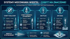 Przewodnik po rodzajach mocowań wierteł: walcowy, Morse'a, SDS Plus i SDS Max, z ich zastosowaniami.