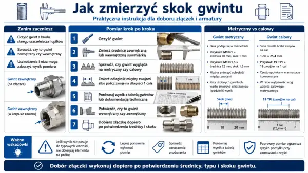 Instrukcja mierzenia gwintu: sprawdź gwint metryczny lub calowy, zmierz średnicę i skok. Przykład: gwint M16 wymiary.
