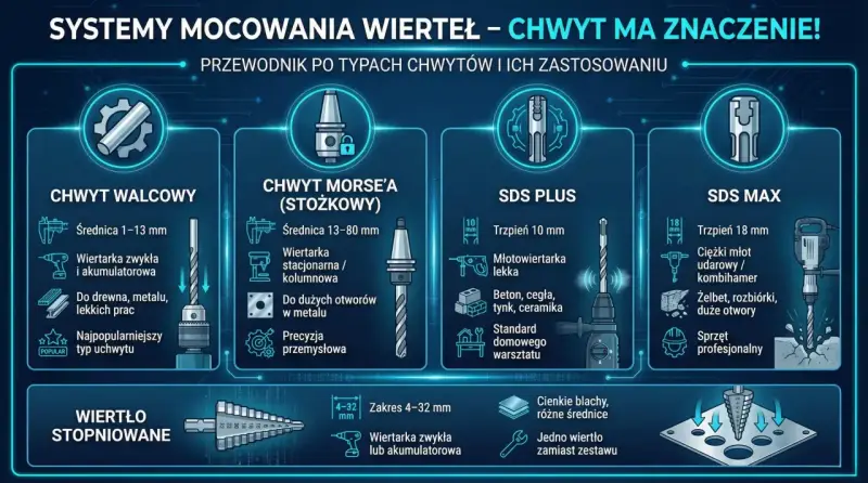 Przewodnik po rodzajach mocowań wierteł: walcowy, Morse'a, SDS Plus i SDS Max, z ich zastosowaniami.