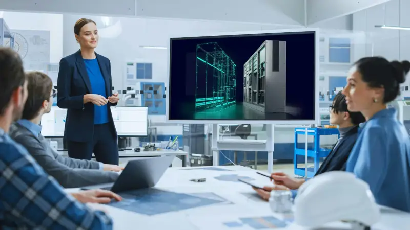Zespół omawia projekt z wykorzystaniem oprogramowania Siemens PLM. Na ekranie widoczny jest trójwymiarowy model szafy sterowniczej.