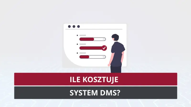 Ilustracja przedstawia mężczyznę patrzącego na ekran z paskami postępu, symbolizującymi wdrożenie systemu zarządzania dokumentami.